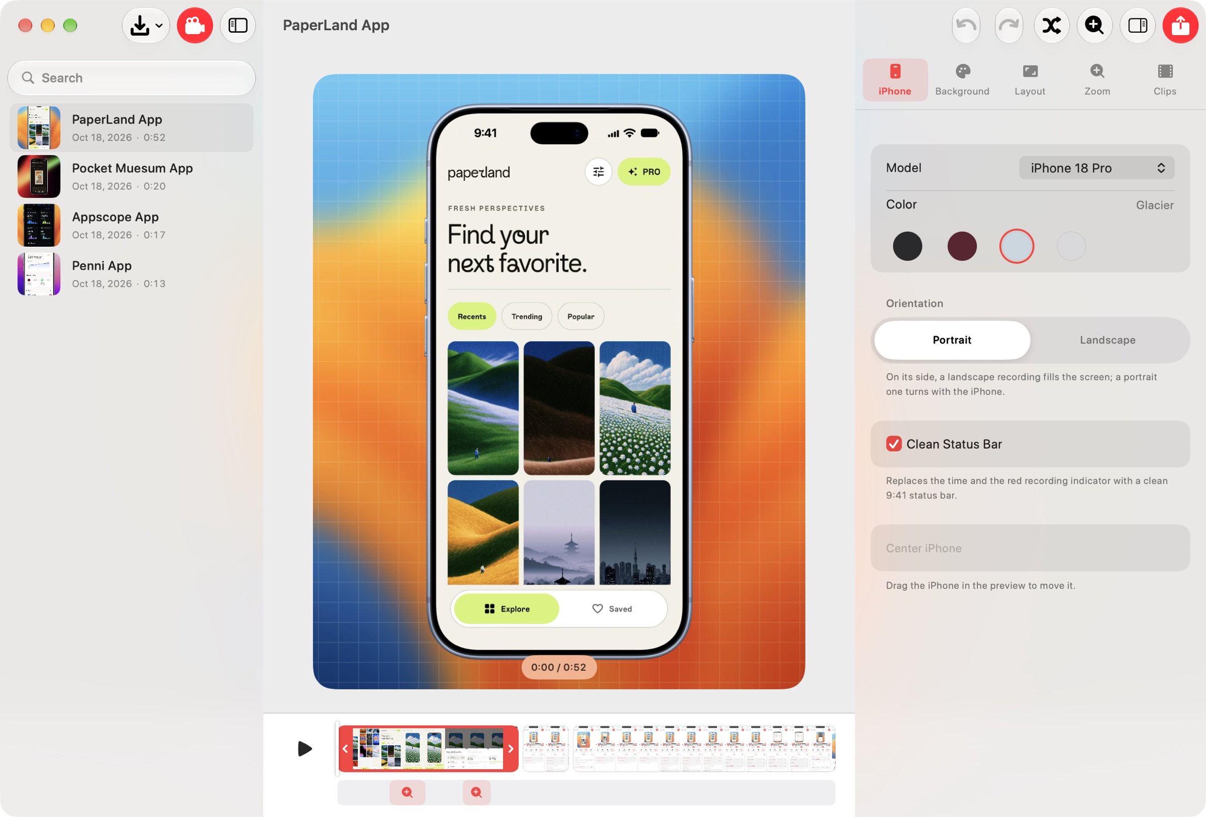 Demoty’s Mac editor, with recordings on the left, an iPhone-framed PaperLand recording in the middle, and frame settings and a timeline around it.