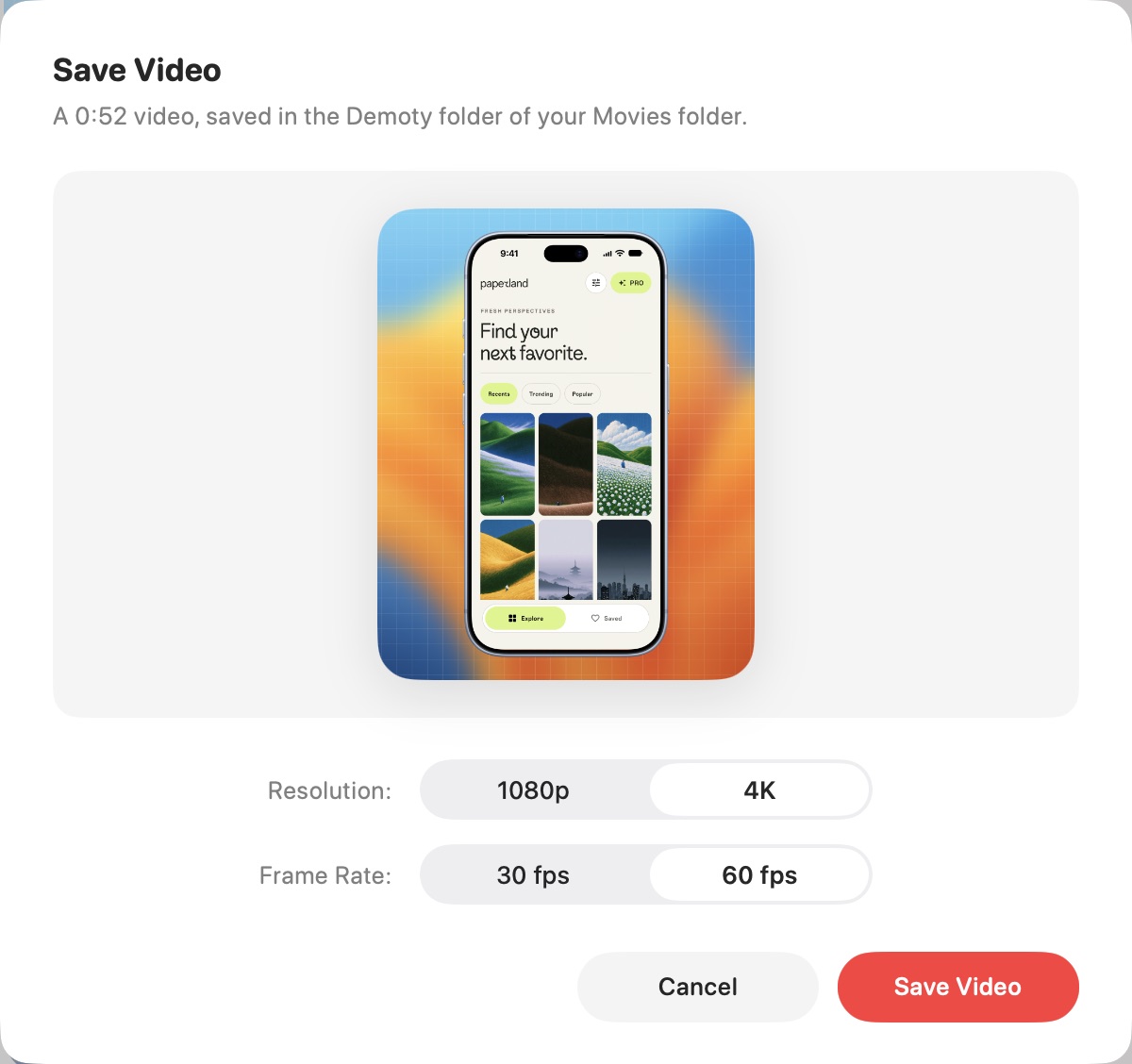 Demoty’s Save Video sheet, with the framed video preview, resolution and frame rate controls.